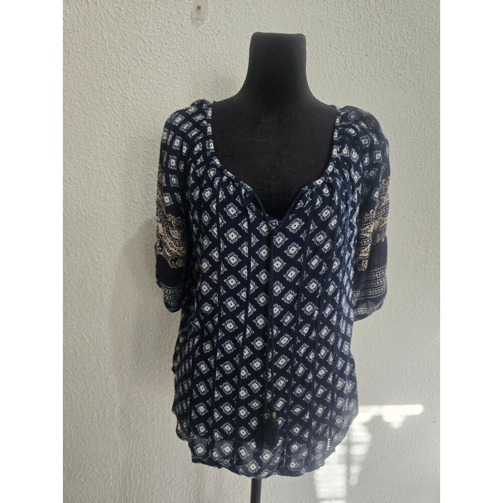 Alkarlo Womens Bohemian Style Blue & White Patterned Blouse Top With Tassels - M